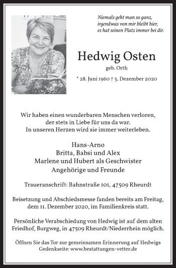 Anzeige von Hedwig Osten von  Werbepost 
