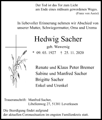 Anzeige von Hedwig Sacher von Kölner Stadt-Anzeiger / Kölnische Rundschau / Express