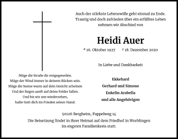 Anzeige von Heidi Auer von Kölner Stadt-Anzeiger / Kölnische Rundschau / Express