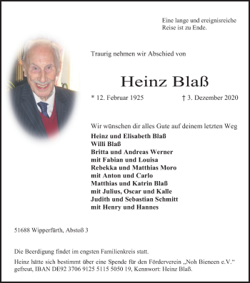 Anzeige von Heinz Blaß von Kölner Stadt-Anzeiger / Kölnische Rundschau / Express