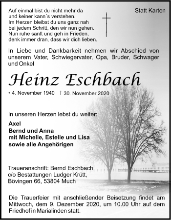 Anzeige von Heinz Eschbach von Kölner Stadt-Anzeiger / Kölnische Rundschau / Express