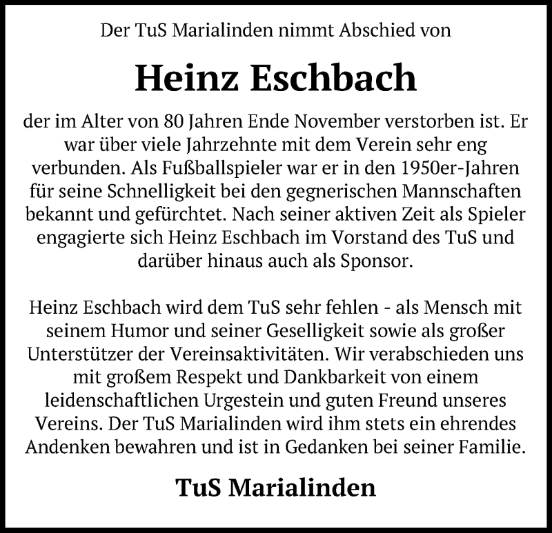  Traueranzeige für Heinz Eschbach vom 12.12.2020 aus Kölner Stadt-Anzeiger / Kölnische Rundschau / Express