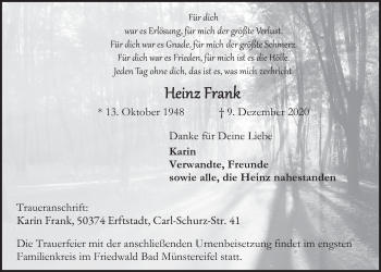Anzeige von Heinz Frank von  Wochenende  Werbepost 