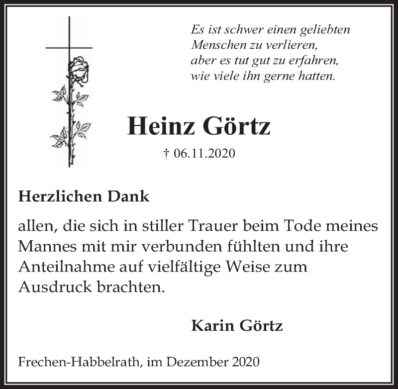  Traueranzeige für Heinz Görtz vom 04.12.2020 aus  Wochenende 