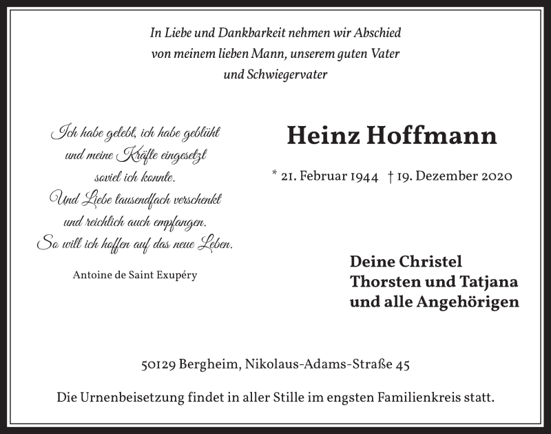  Traueranzeige für Heinz Hoffmann vom 28.12.2020 aus  Werbepost 