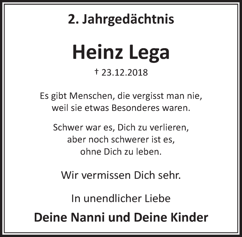  Traueranzeige für Heinz Lega vom 18.12.2020 aus  Schlossbote/Werbekurier 