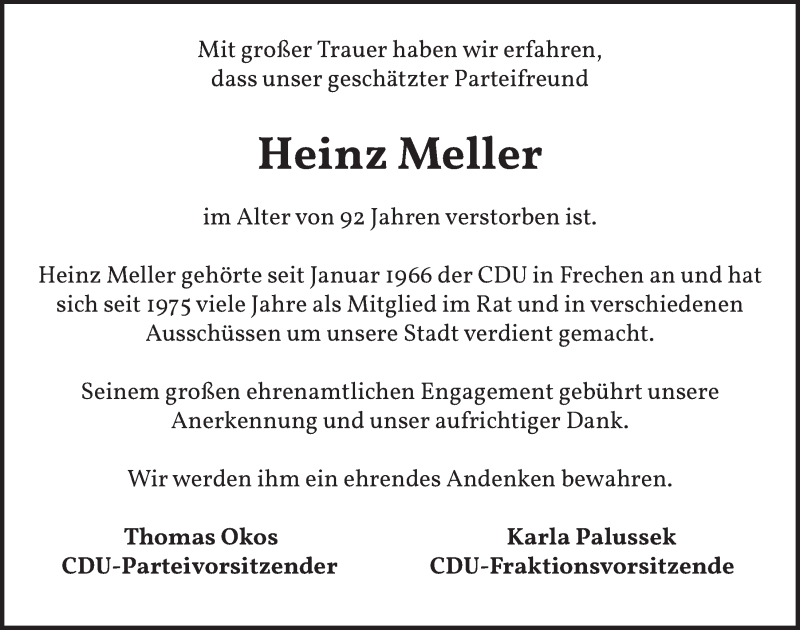  Traueranzeige für Heinz Meller vom 04.12.2020 aus  Wochenende 