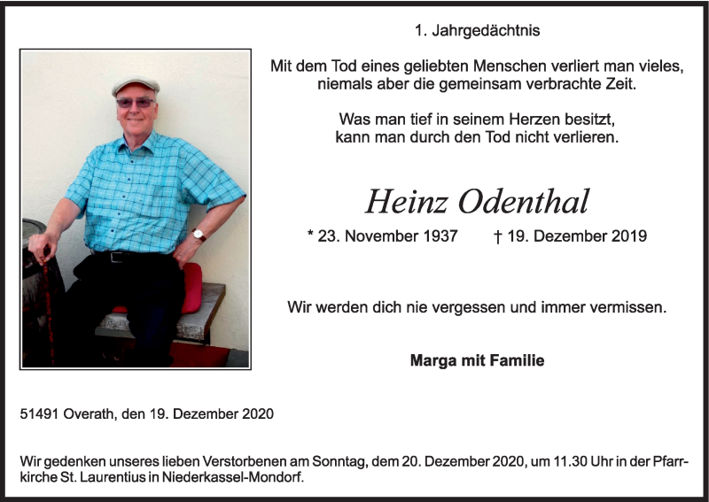  Traueranzeige für Heinz Odenthal vom 12.12.2020 aus Kölner Stadt-Anzeiger / Kölnische Rundschau / Express