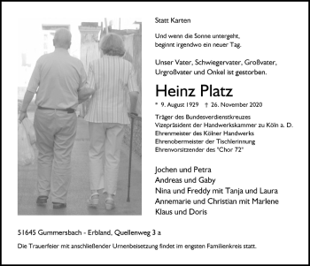 Anzeige von Heinz Platz von  Anzeigen Echo  Lokalanzeiger 