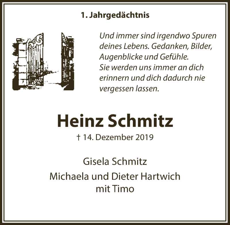  Traueranzeige für Heinz Schmitz vom 18.12.2020 aus  Anzeigen Echo 