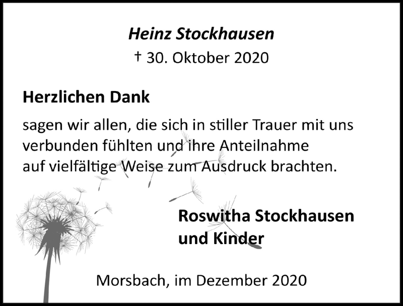  Traueranzeige für Heinz Stockhausen vom 04.12.2020 aus  Lokalanzeiger 