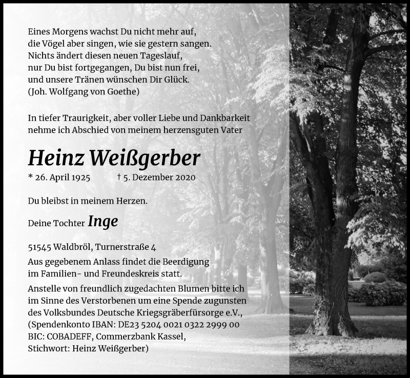  Traueranzeige für Heinz Weißgerber vom 12.12.2020 aus Kölner Stadt-Anzeiger / Kölnische Rundschau / Express