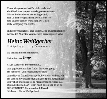 Anzeige von Heinz Weißgerber von Kölner Stadt-Anzeiger / Kölnische Rundschau / Express
