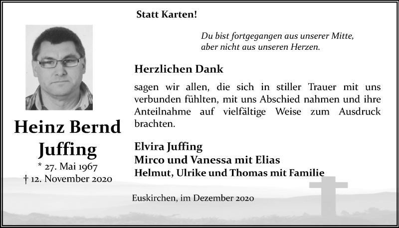  Traueranzeige für Heinz Bernd Juffing vom 19.12.2020 aus  Blickpunkt Euskirchen 