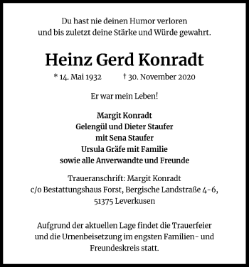 Anzeige von Heinz Gerd Konradt von Kölner Stadt-Anzeiger / Kölnische Rundschau / Express