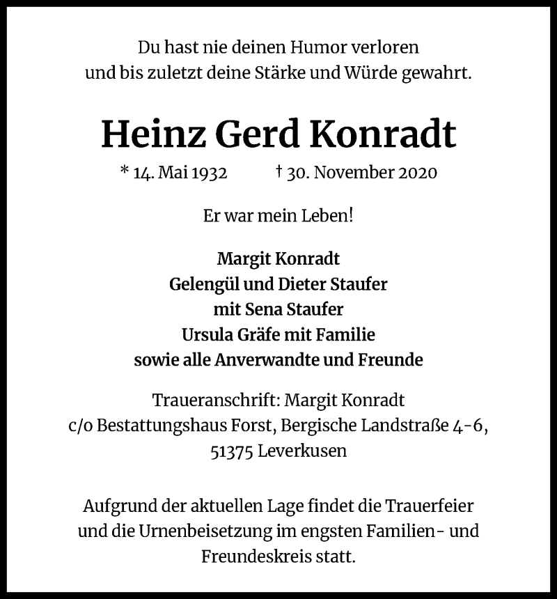 Traueranzeige für Heinz Gerd Konradt vom 05.12.2020 aus Kölner Stadt-Anzeiger / Kölnische Rundschau / Express