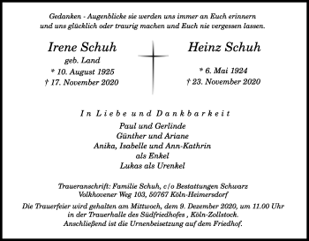 Anzeige von Heinz und Irene Schuh von Kölner Stadt-Anzeiger / Kölnische Rundschau / Express