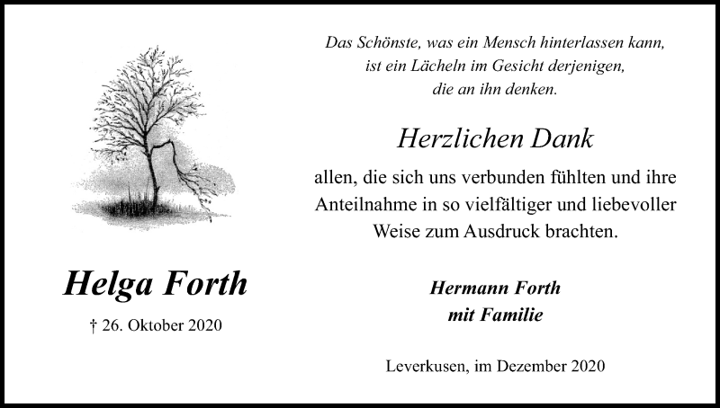  Traueranzeige für Helga Forth vom 19.12.2020 aus Kölner Stadt-Anzeiger / Kölnische Rundschau / Express