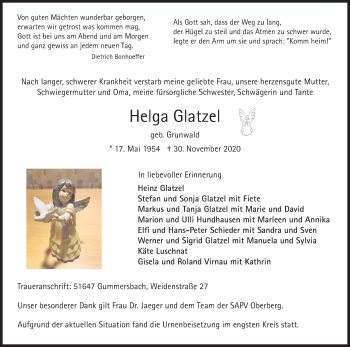 Anzeige von Helga Glatzel von Kölner Stadt-Anzeiger / Kölnische Rundschau / Express