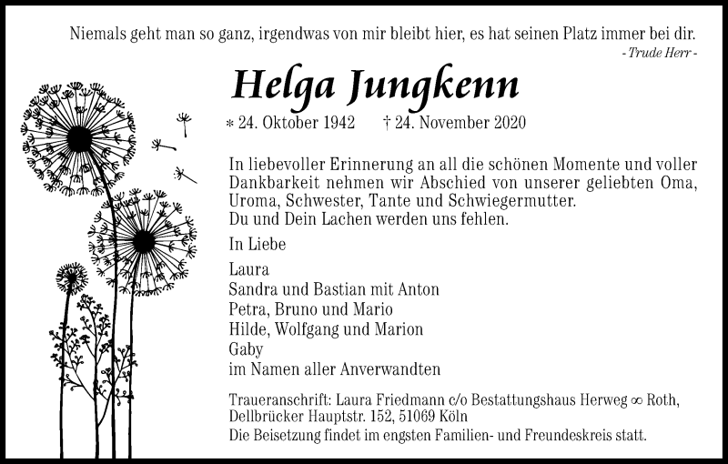  Traueranzeige für Helga Jungkenn vom 05.12.2020 aus Kölner Stadt-Anzeiger / Kölnische Rundschau / Express