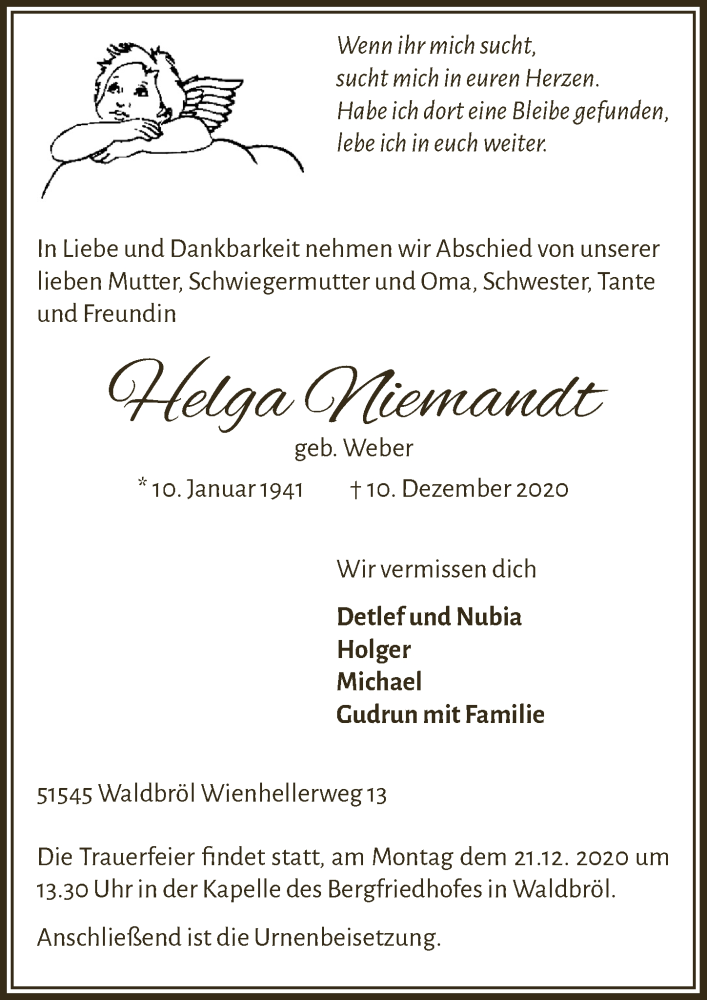  Traueranzeige für Helga Niemandt vom 18.12.2020 aus  Lokalanzeiger 