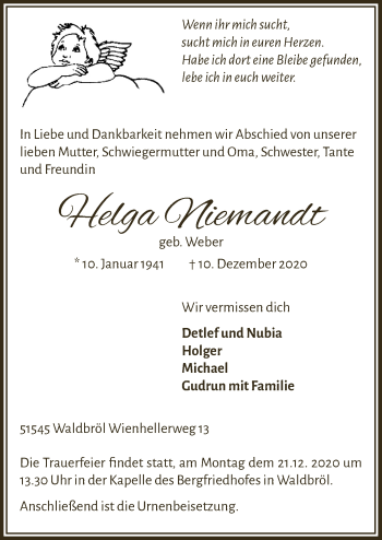 Anzeige von Helga Niemandt von  Lokalanzeiger 