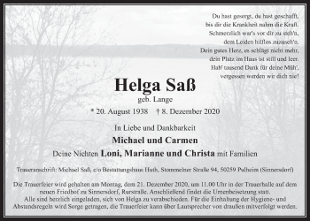 Anzeige von Helga Saß von  Wochenende 