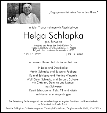 Anzeige von Helga Schlapka von Kölner Stadt-Anzeiger / Kölnische Rundschau / Express