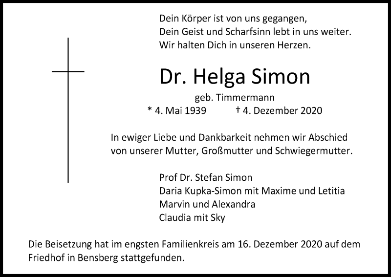  Traueranzeige für Helga Simon vom 19.12.2020 aus Kölner Stadt-Anzeiger / Kölnische Rundschau / Express