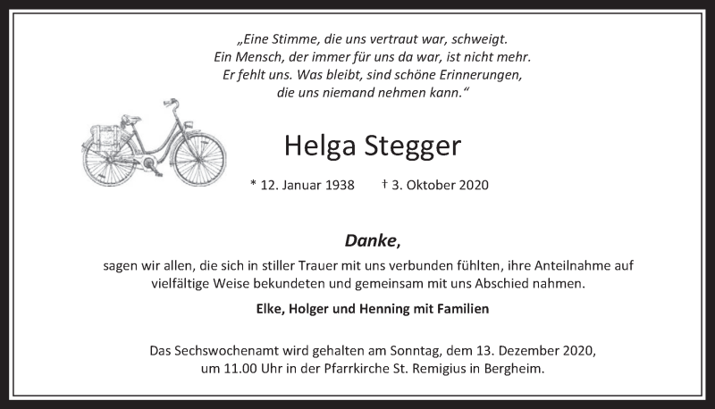  Traueranzeige für Helga Stegger vom 04.12.2020 aus  Werbepost 