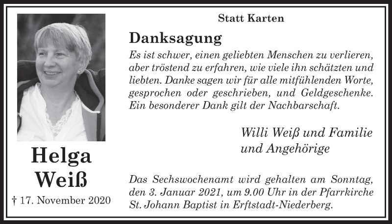  Traueranzeige für Helga Weiß vom 18.12.2020 aus  Werbepost 