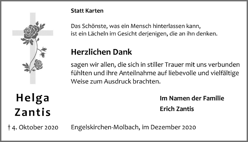  Traueranzeige für Helga Zantis vom 11.12.2020 aus  Anzeigen Echo 