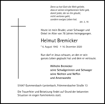 Anzeige von Helmut Bremicker von Kölner Stadt-Anzeiger / Kölnische Rundschau / Express