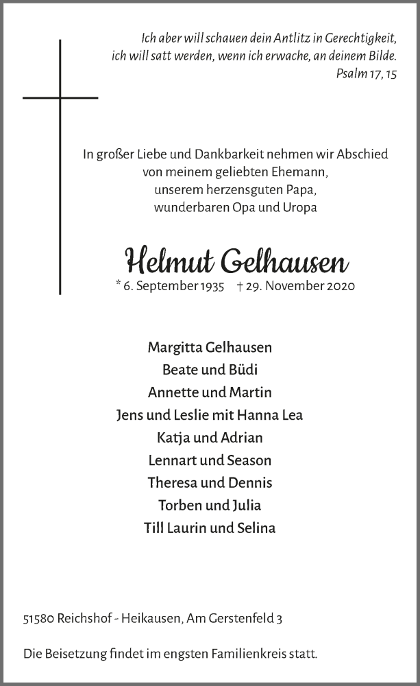  Traueranzeige für Helmut Gelhausen vom 04.12.2020 aus  Anzeigen Echo 