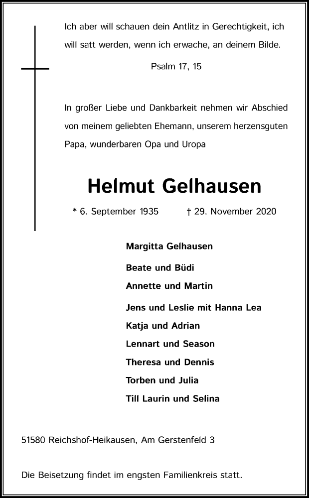  Traueranzeige für Helmut Gelhausen vom 02.12.2020 aus Kölner Stadt-Anzeiger / Kölnische Rundschau / Express