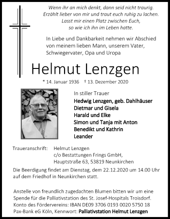 Anzeige von Helmut Lenzgen von Kölner Stadt-Anzeiger / Kölnische Rundschau / Express