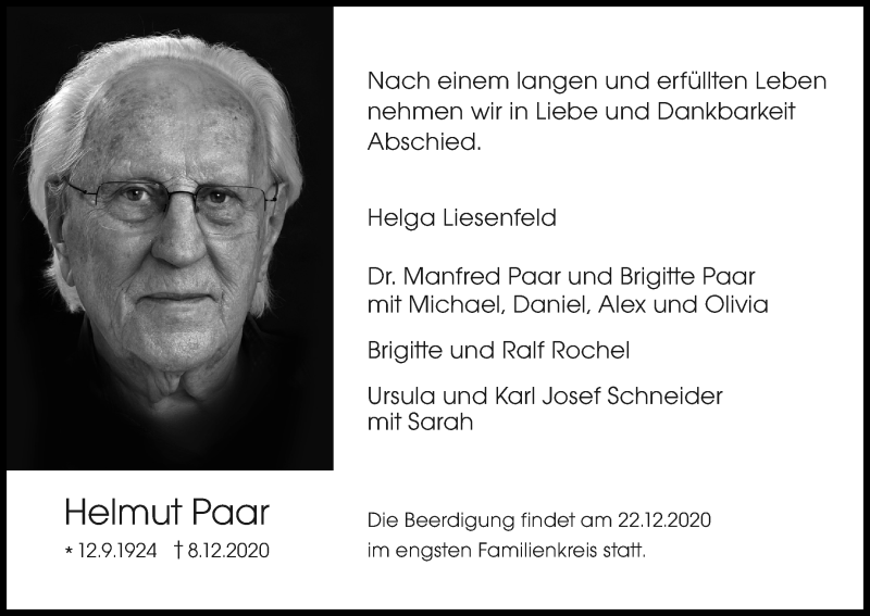  Traueranzeige für Helmut Paar vom 19.12.2020 aus Kölner Stadt-Anzeiger / Kölnische Rundschau / Express