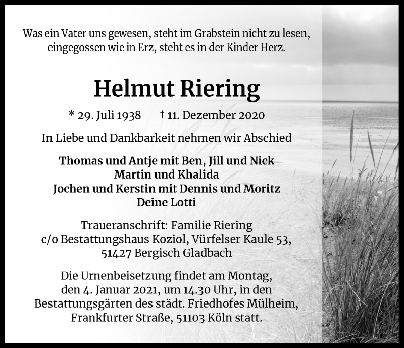 Traueranzeige für Helmut Riering vom 30.12.2020 aus Kölner Stadt-Anzeiger / Kölnische Rundschau / Express