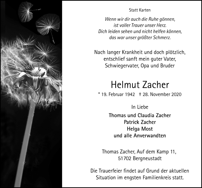  Traueranzeige für Helmut Zacher vom 04.12.2020 aus  Anzeigen Echo 