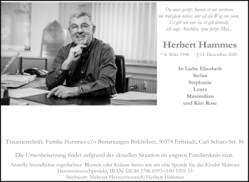 Anzeige von Herbert Hammes von Kölner Stadt-Anzeiger / Kölnische Rundschau / Express