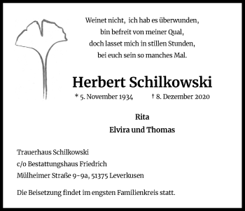 Anzeige von Herbert Schilkowski von Kölner Stadt-Anzeiger / Kölnische Rundschau / Express
