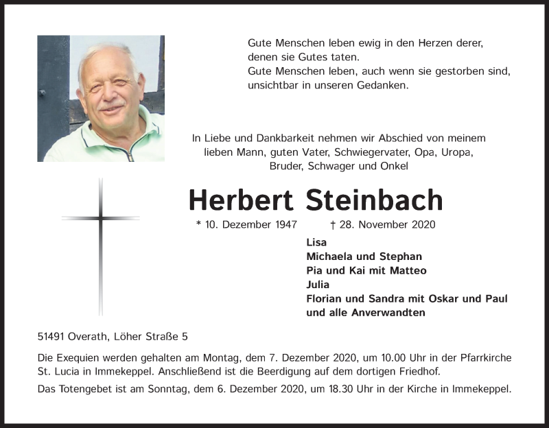  Traueranzeige für Herbert Steinbach vom 02.12.2020 aus Kölner Stadt-Anzeiger / Kölnische Rundschau / Express