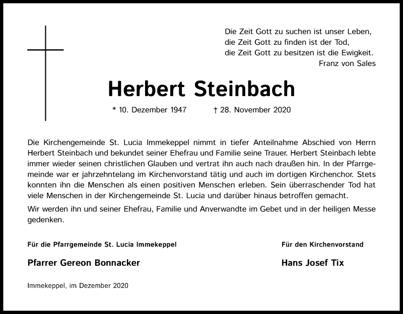  Traueranzeige für Herbert Steinbach vom 05.12.2020 aus Kölner Stadt-Anzeiger / Kölnische Rundschau / Express