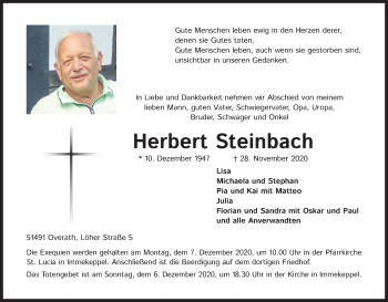 Anzeige von Herbert Steinbach von Kölner Stadt-Anzeiger / Kölnische Rundschau / Express