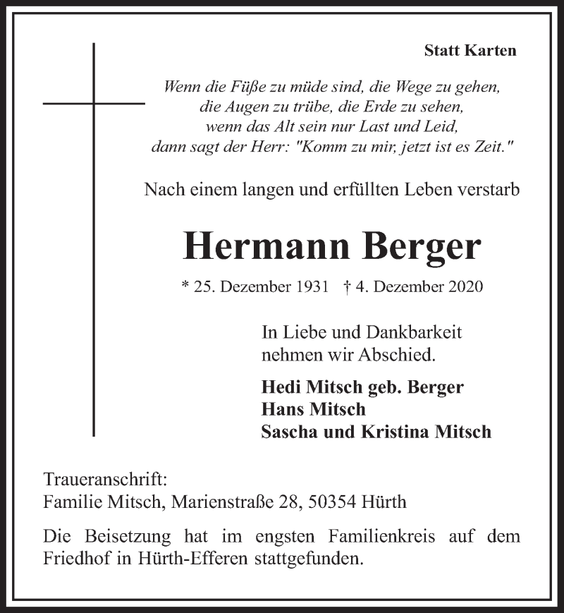  Traueranzeige für Hermann Berger vom 11.12.2020 aus  Wochenende 