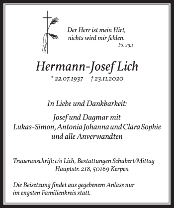 Anzeige von Hermann-Josef Lich von  Werbepost 
