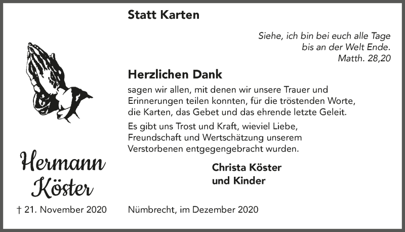  Traueranzeige für Hermann Köster vom 18.12.2020 aus  Anzeigen Echo  Lokalanzeiger 
