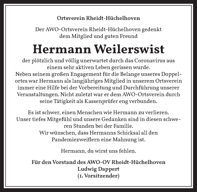  Traueranzeige für Hermann Weilerswist vom 18.12.2020 aus  Werbepost 