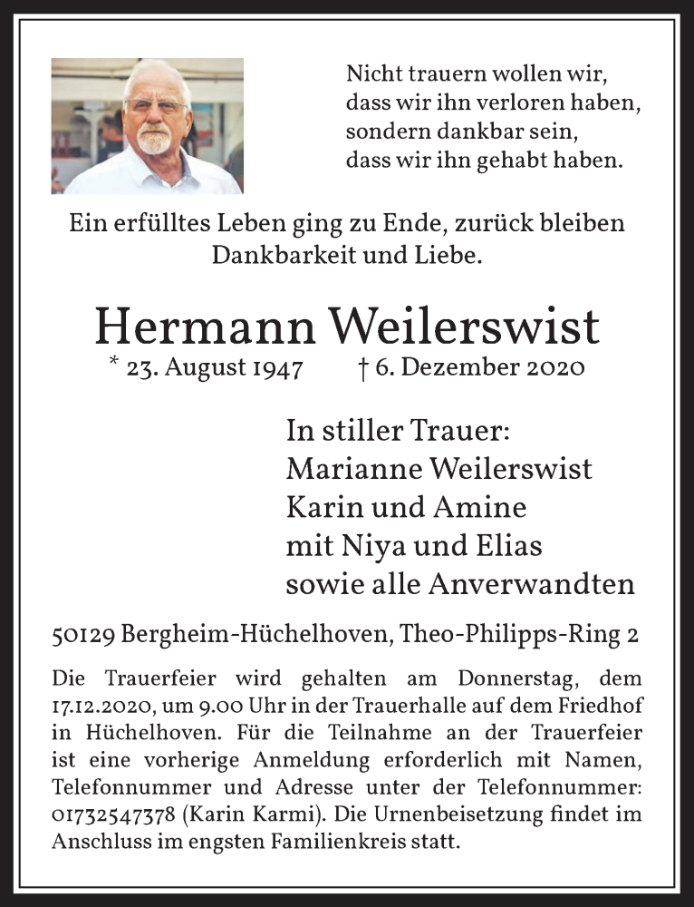  Traueranzeige für Hermann Weilerswist vom 11.12.2020 aus  Werbepost 