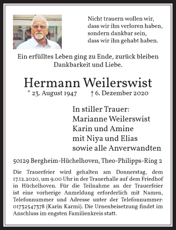 Anzeige von Hermann Weilerswist von  Werbepost 
